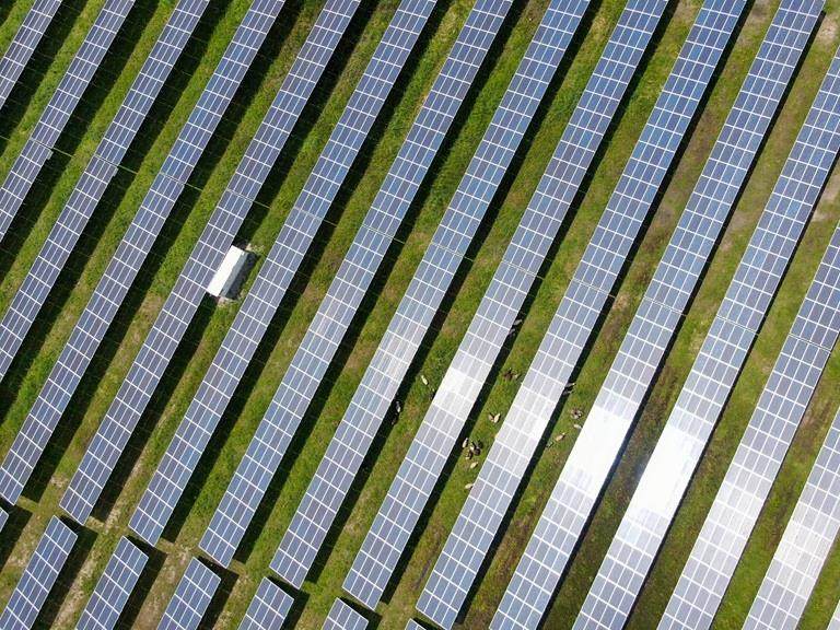 aerial shot of sustainable solar pannels
