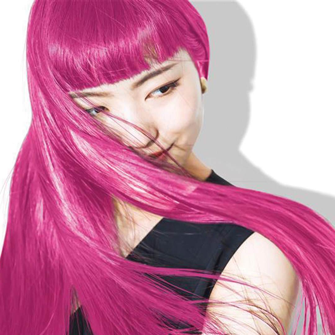 lady with pink shiny hair showing innovative products enhancing hair quality