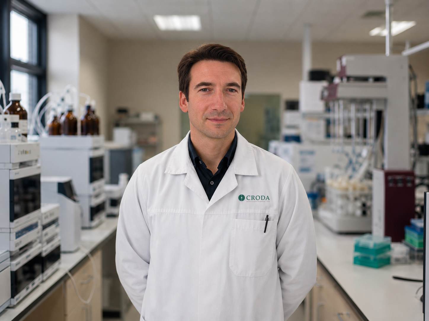 male scientist headshot in a laboratory