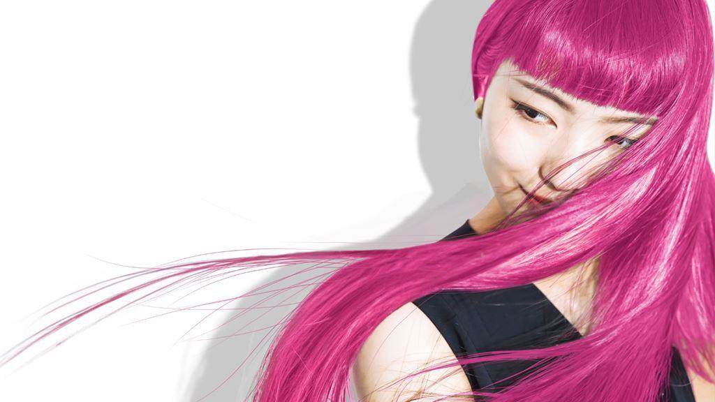 woman with shiny glossy pink hair