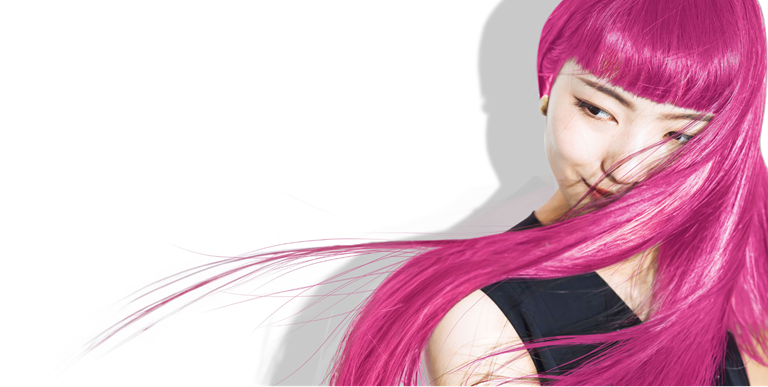 woman with shiny glossy pink hair