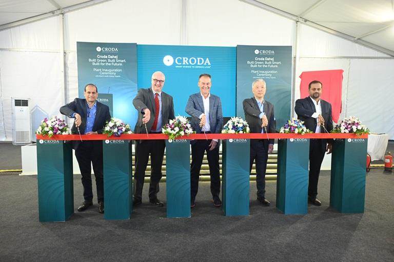 senior leaders at Croda Dahej cutting ribbon as new site opens