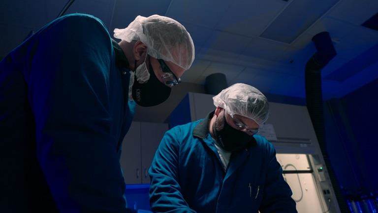 two scientists in lab wearing masks