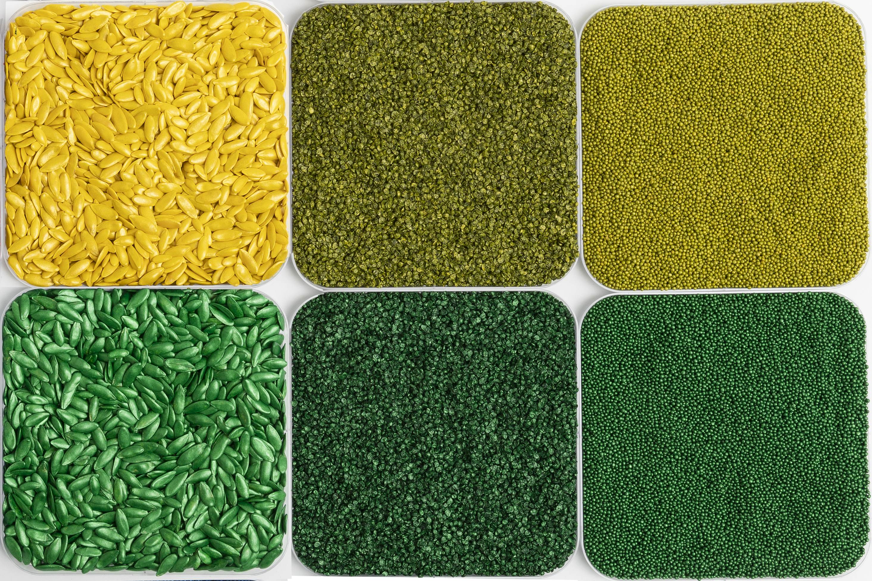 six squares of seeds film coated with Incotec's microplastic-free film coating in a various green colours